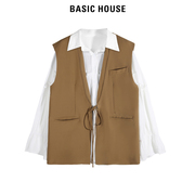 Basic House/百家好马甲衬衫时尚套装系绳褶皱白色衬衫黑色马甲