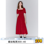 三彩ibudu2024春季法式小红裙系带方领收腰连衣裙大摆长裙女