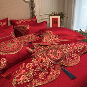 新中式大红婚庆80支全棉提花，四件套古典刺绣被套床单结婚床上用品