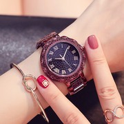 女紫色士手表 满水钻时尚圆形石英玫瑰黄金色金属普通国产腕表