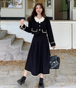 大码胖mm秋季法式赫本风，两件套拼色假两件上衣高腰半身裙时尚套装