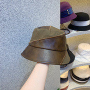 韩国东大门棕色pu皮，拼接渔夫帽女小众，设计师款不规则盆帽