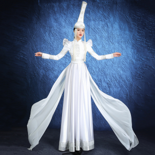 白色女神蒙古袍演出服，少数民族风舞蹈走秀服饰，高端蒙古服饰定制