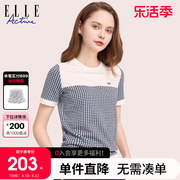 ELLE Active高级感格纹短袖t恤女 气质显瘦百搭通勤纯棉半袖上衣