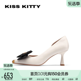 kisskitty2024年夏季中空细跟高跟鞋，甜美蝴蝶结小方头浅口单鞋