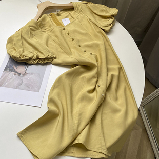 韩版夏季方领短袖连衣裙黄色百搭高腰修身中裙时尚休闲洋气E¥17