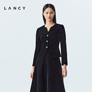 LANCY/朗姿女装2023秋季丝绒短外套女士气质通勤挖领时尚夹克