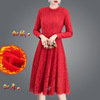 2023冬季加绒加厚蕾丝连衣裙，胖mm修身显瘦气质裙红色打底礼服