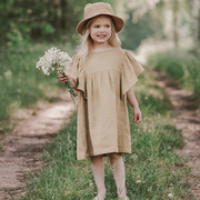 女童夏装连衣裙2024纯色棉麻短袖中小儿童，洋气小女孩裙子夏天