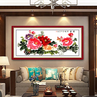 新中式牡丹花开富贵客厅沙发背景墙，装饰画3d立体防水自粘墙壁贴画