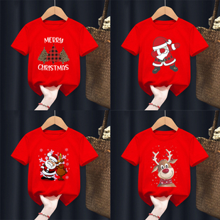 Merry Christmas Kid T Shirt2023圣诞节麋鹿印花儿童红色T恤短袖