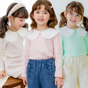 韩国童装2023春款女童长袖，t恤弹力，条绒棉花边荷叶领女宝宝套头衫