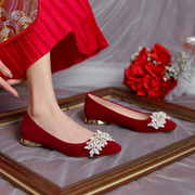平底秀禾服婚鞋新娘鞋女红色方头中式婚礼鞋低跟孕妇鞋不累脚
