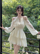 ONLY INSOLA法式白色长袖连衣裙仙女春季仙气收腰雪纺