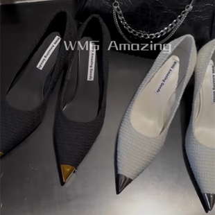 正版wm6女鞋欧洲站，2024春季小香风金属尖头，高跟瓢鞋浅口单鞋