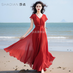 红色连衣裙雪纺短袖夏季御姐气质高级感长款裙子海边度假长裙