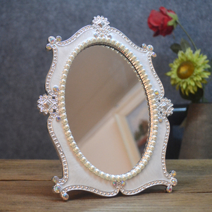 欧式单面银白色西洋梳化妆公主镜子桌台装饰珍珠，椭圆创意个性礼物
