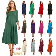 3欧美秋季女装亚马逊Ebay跨境圆领中袖纯色大摆连衣裙826