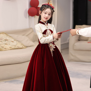 女童红色礼服端公主裙拜年服冬季儿童主持人花童婚礼小女孩过年服