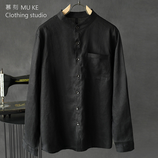 新中式亚麻男士长袖衬衫设计感舒适透气休闲春夏立领男款纯色衬衣