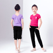 舞蹈服儿童女孩跳舞夏季练功服套装，女童玫红短袖v领萝卜裤两件套