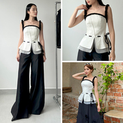 越南小众品牌TINH 2023秋季吊带抽绳黑白撞色收腰套装显瘦
