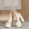仙女风白色防水台缎面超高跟鞋粗跟绝美婚鞋日常可穿法式包头单鞋