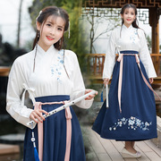 春夏民族风传统汉服女日常交领襦裙齐腰青花瓷刺绣两件套女装