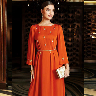 外贸燃橙色镶钻长裙中东迪拜礼服长袍，中东连衣裙女长袖大码