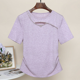 重工镶钻镂空紫色t恤女夏季2024欧洲站大码洋气短袖上衣