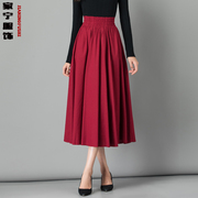 秋装2021年女酒红色棉麻半身裙中长款大码显瘦显身高百褶长裙
