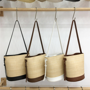 小脏柜 韩国小众休闲水桶包撞色草编织包女时尚通勤单肩斜挎包包