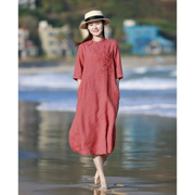 新中式棉麻女装春夏复古刺绣，连衣裙气质国风，红色亚麻长裙女