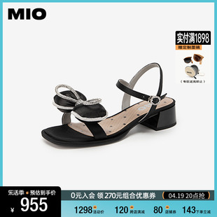 MIO米奥2024年夏季方头中跟时装凉鞋细钻蝴蝶结时髦俏皮宴会凉鞋