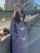 紫色菱格羽绒棉服女中长款冬季2023韩系小众，设计甜美棉衣棉袄