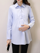 孕妇衬衣秋装长袖职业，中长款上衣时尚，宽松蓝色工作服纯棉衬衫