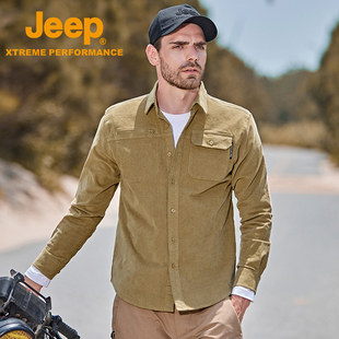 jeep吉普户外防风长袖衬衫秋季保暖灯芯绒外套，透气弹力大码休闲衣