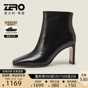 zro零度女鞋春季女士，真皮小短筒方头，皮鞋时尚高跟皮靴子