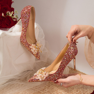 秀禾服婚鞋女2023优雅高级感法式细跟新娘鞋，红色高跟鞋不累脚