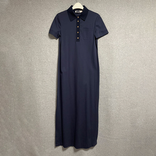 欧美时尚夏季女神范翻领深蓝色通勤宽松腰棉质长款短袖连衣裙