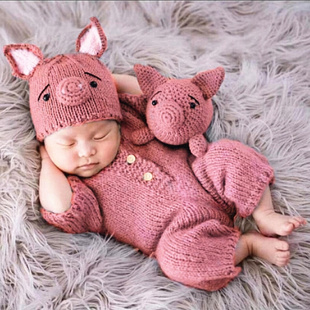 儿童摄影服装小猪套装手工针织帽新生儿满月百天宝宝拍照服饰