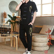 夏季中国风套装男韩版佛系棉麻汉服搭配一套唐装短袖休闲T恤夏装