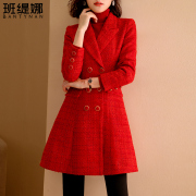 红色小香风外套，2024春季名媛气质中长款收腰显瘦毛呢大衣女