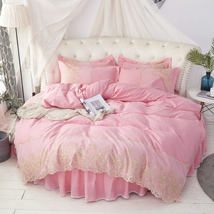 纯棉圆床四件套粉色结婚公主风大圆形床单全棉床笠床裙床罩可