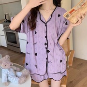 睡衣女夏季开衫短袖2023年女士，春夏天薄款紫色爱心家居服套装