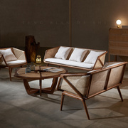 实木藤编沙发组合侘寂风，中古创意小户型，日式客厅三人位藤椅沙发椅