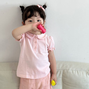 女孩纯色粉色短袖polo衫女童纯棉内搭宝宝夏季T恤儿童泡泡袖上衣