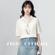 杏色短袖衬衫女2024夏季新款带领带polo领衬衣宽松设计感小众上衣