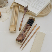 日式木筷子勺子餐具三件套装叉子收纳盒家用上班族学生单人装便携