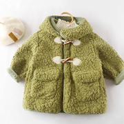 女童外套2023秋冬装，洋气中长款儿童宝宝羊羔绒，牛角扣毛毛大衣